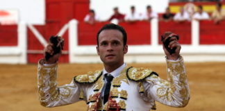 Antonio Ferrera paseando dos orejas el pasado septiembre en Mérida con el traje que ahora dona al Club Taurino de Badajoz. (FOTO:Gallardo)